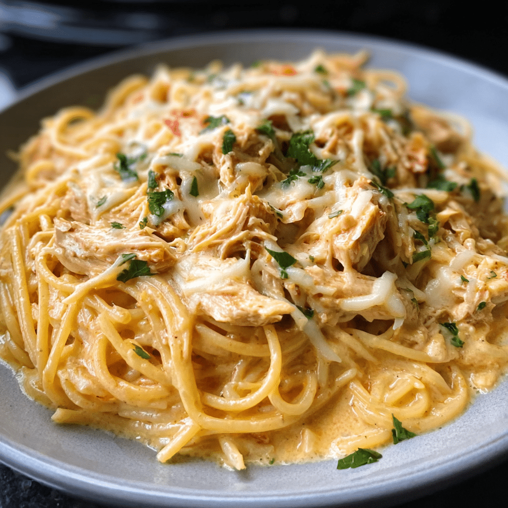 Creamy Crockpot Chicken Spaghetti
