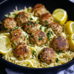 Greek Chicken Meatballs with Lemon Orzo
