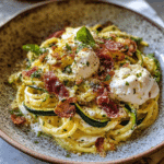 Zucchini Carbonara with Crispy Prosciutto and Burrata