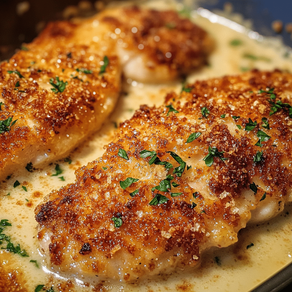 Crispy Parmesan Chicken with a Rich Garlic Sauce