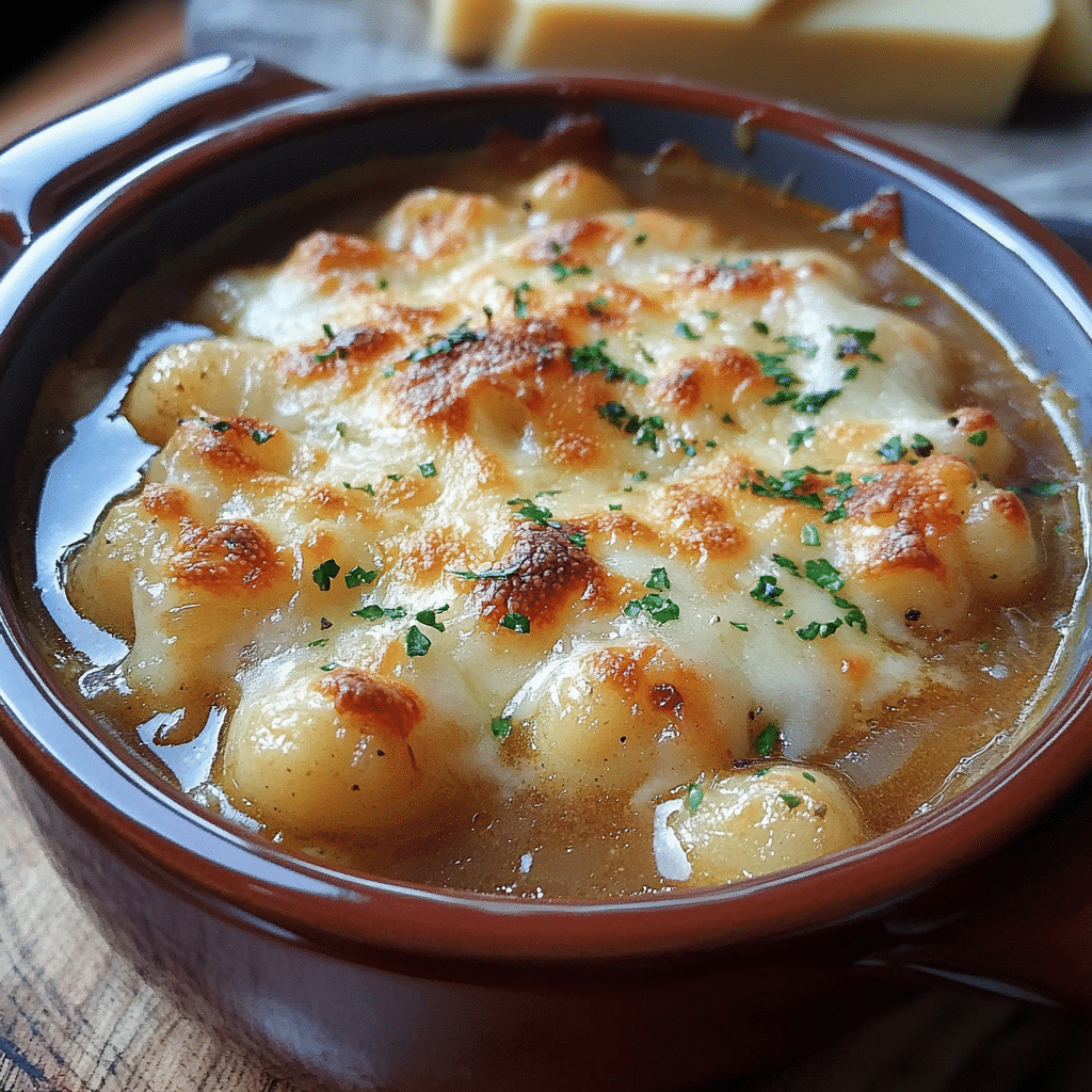 French Onion Gnocchi Soup with Gruyere