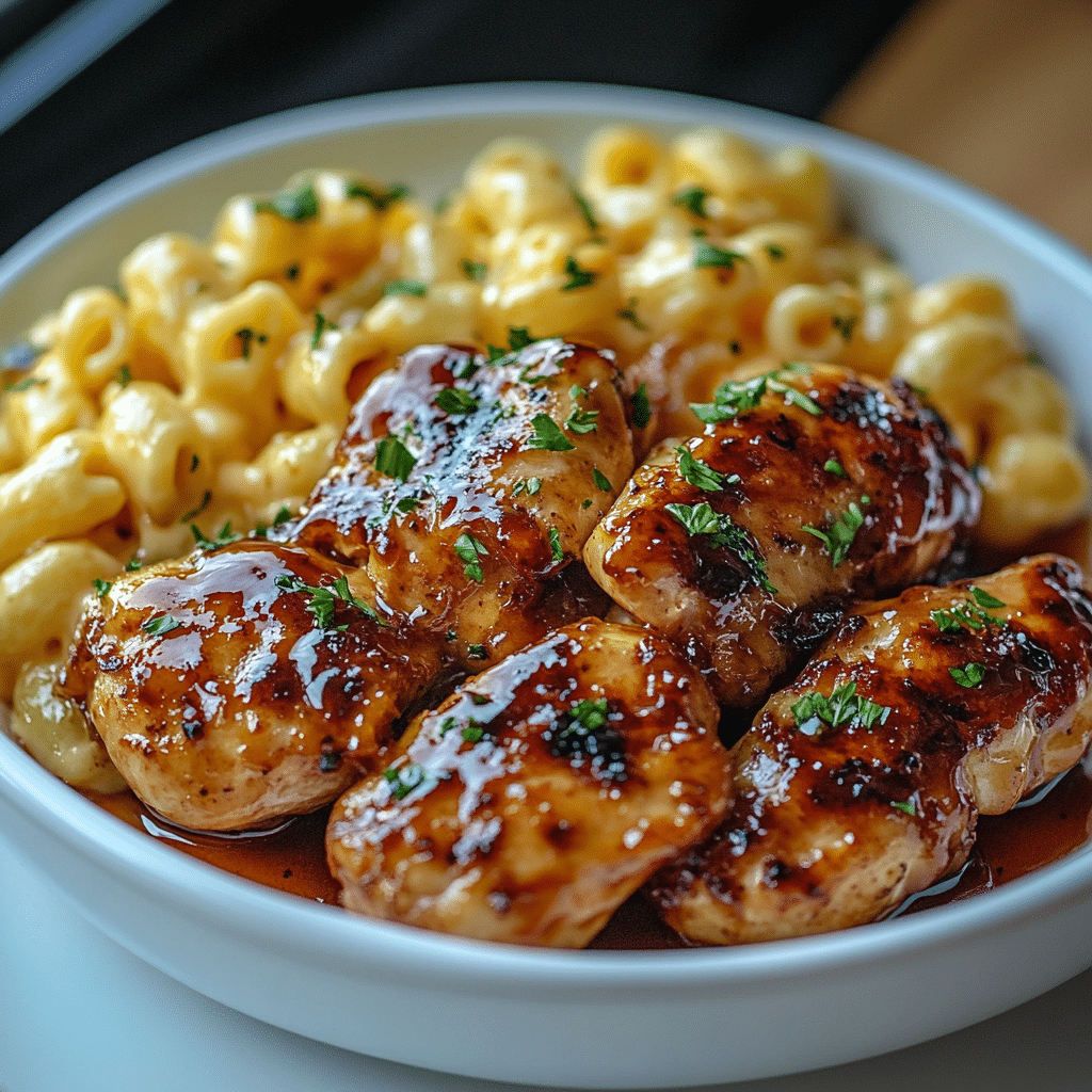 High Protein Honey Garlic Butter Chicken with Mac & Cheese