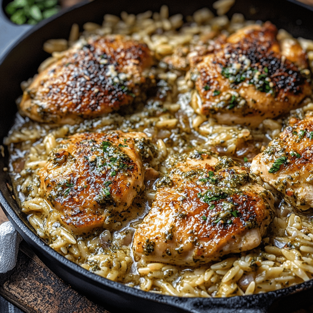 Skillet White Pesto Chicken and Orzo Recipe