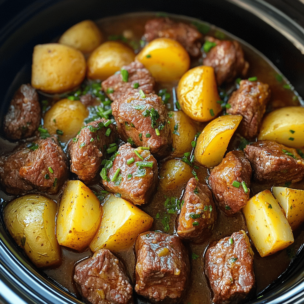 Slow Cooker Garlic Butter Beef Bites & Potatoes