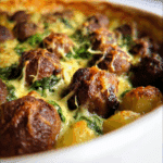 Cheesy Spinach Meatball Potato Bake