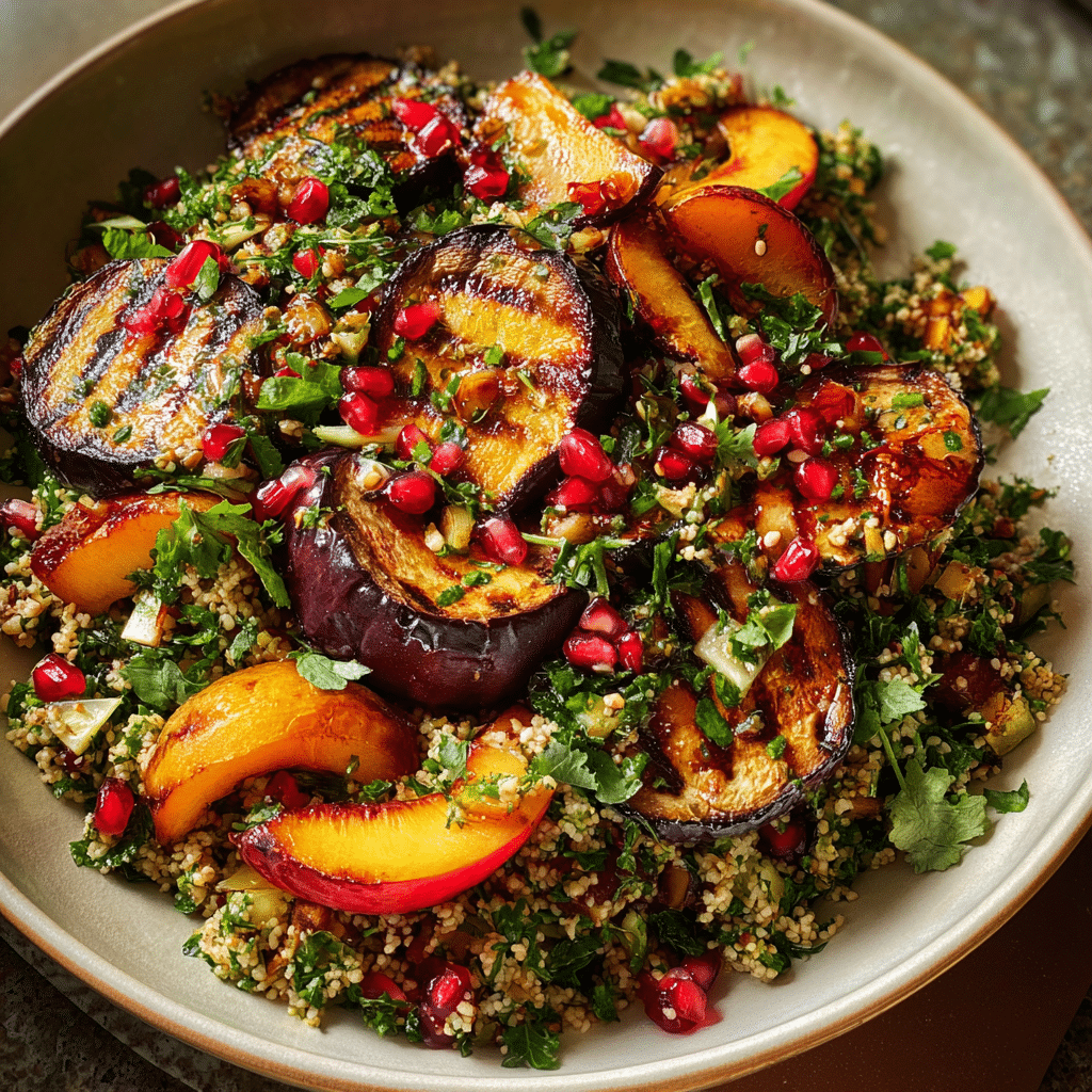 Eggplant tabbouleh salad with grilled peaches and pomegranate