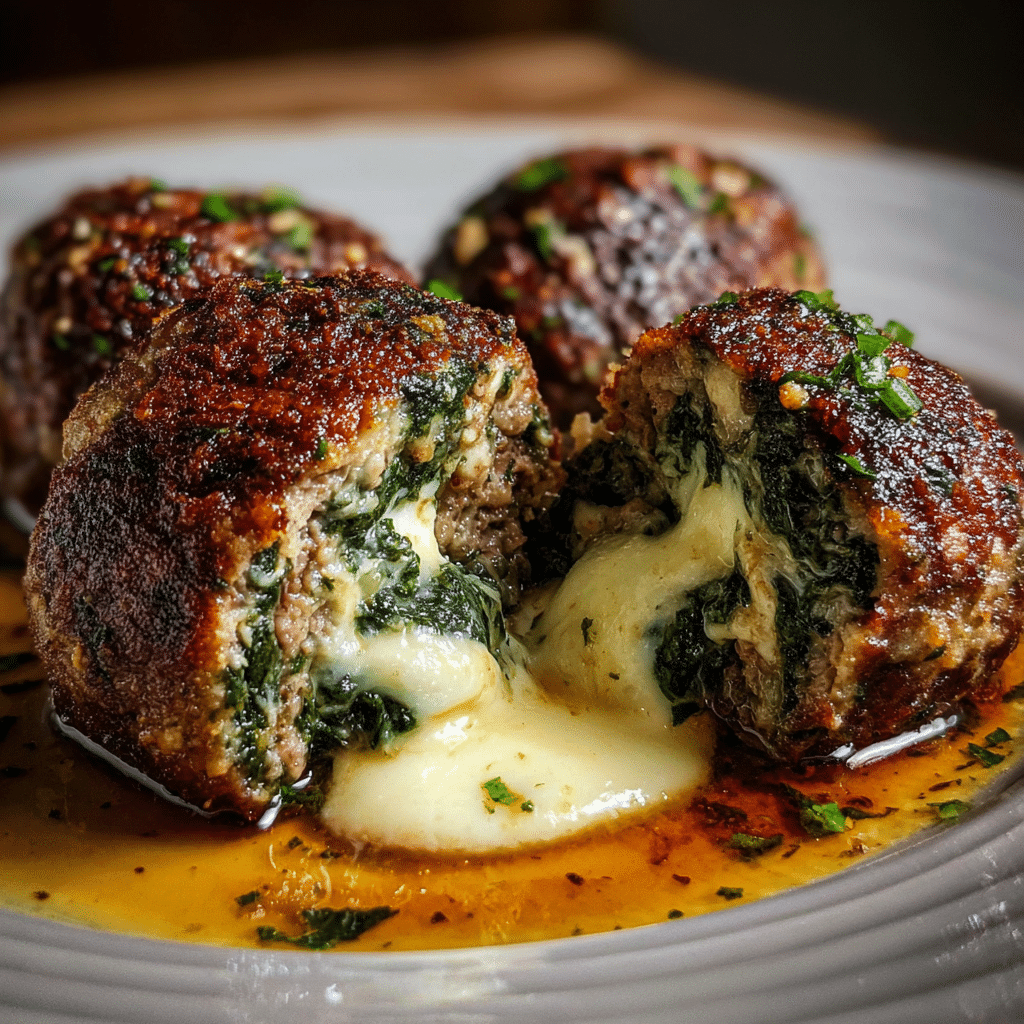 Spinach Garlic Meatballs Stuffed with Mozzarella